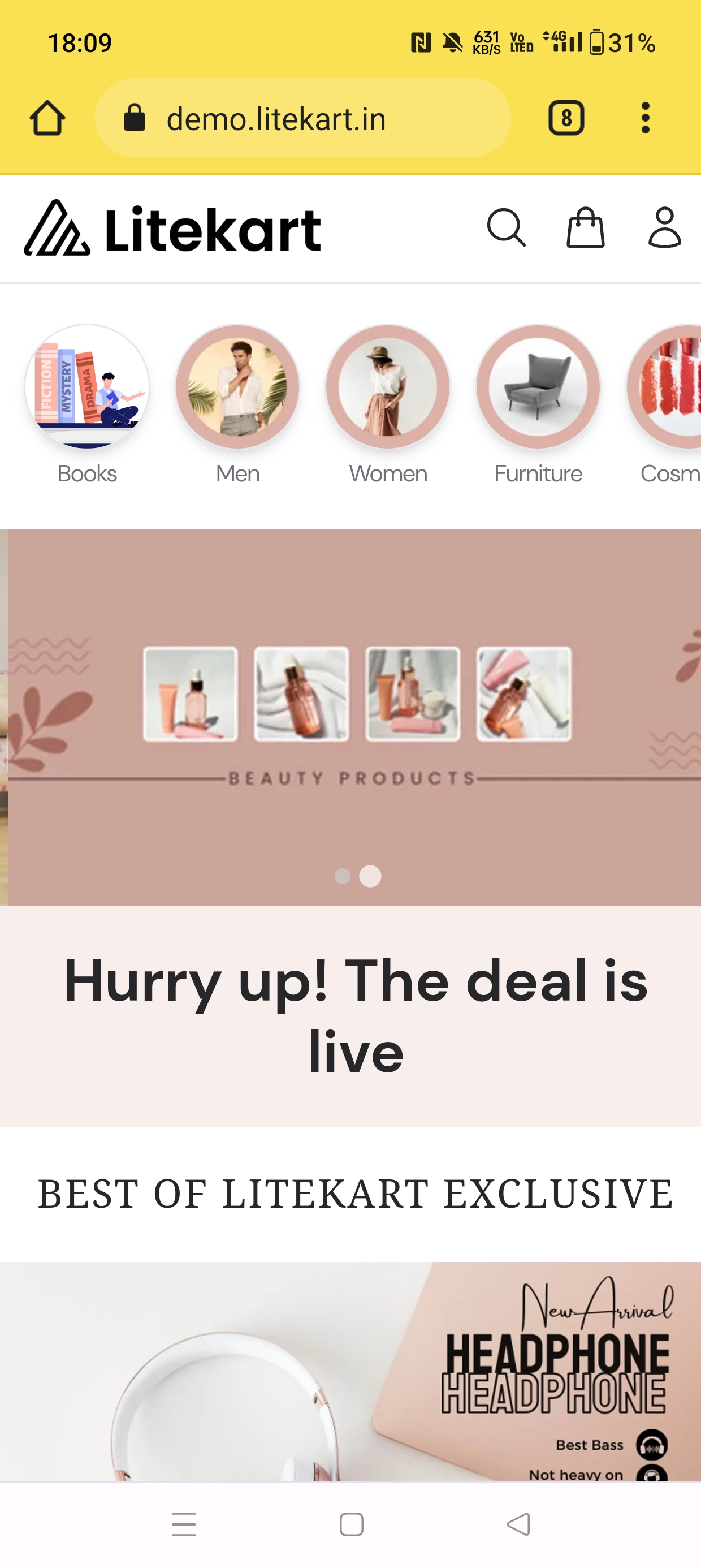 Product listing page with filters, rendered by Svelte Commerce on a phone